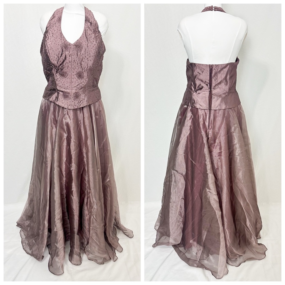 Purple silk halter dress with beading detail a-line full skirt